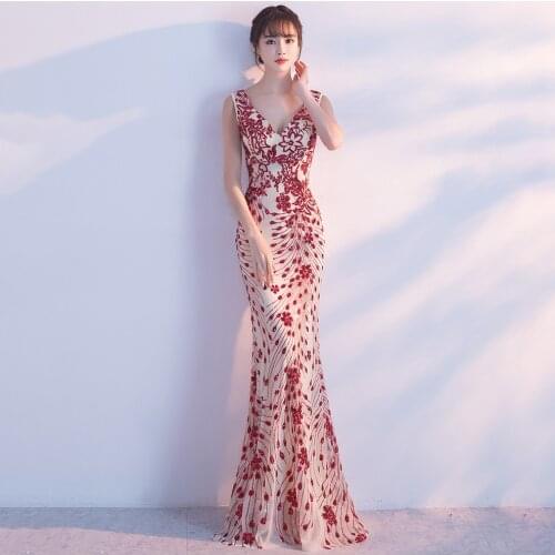 Embroidery Chinese Evening Dress Cheongsam Long Mermaid Oriental Style Party Dresses Plus Size Women Clothing Sexy Qipao Girl