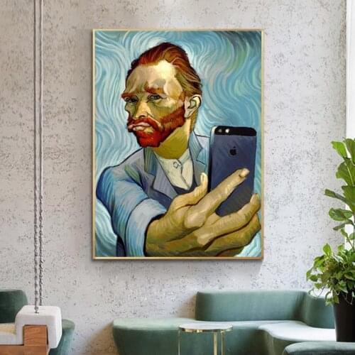 Funny Art Van Gogh Selfie By Phone Canvas Paintings on The Wall Art Posters and Prints Modern Portrait of Van Gogh Pictures
