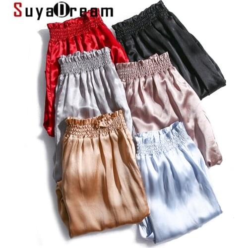 SUYADREAM Women Pants 100%Real Silk Satin Solid Elegant Pants OL Ankle-Length Pants 2020 Office Lady Spring Summer New