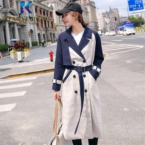 2020 Autumn Women Plus Size Trench coat Double Breasted Lapel Fashion Patchwork Lady Long Trench coat Loose Casual Windbreaker