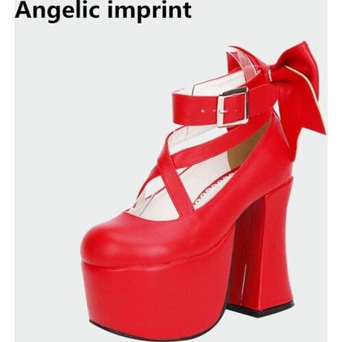 Angelic imprint woman mori girl lolita cosplay shoes lady high heels pumps women princess dress wedding party red shoes bowtie
