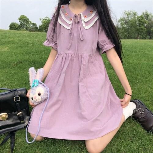 Japanese Sweet Hipster Cute Embroidered Doll Collar Loose Short Sleeve Midi Dress Women Summer tea party lolita dress