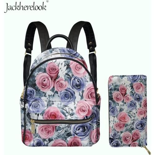 Rose Pattern Female Luxury Pu Leather Shoulders Bag Fashion Women 2pcs/Set Zipper Backpack with Card Holder Wallet Bolsos Mujer