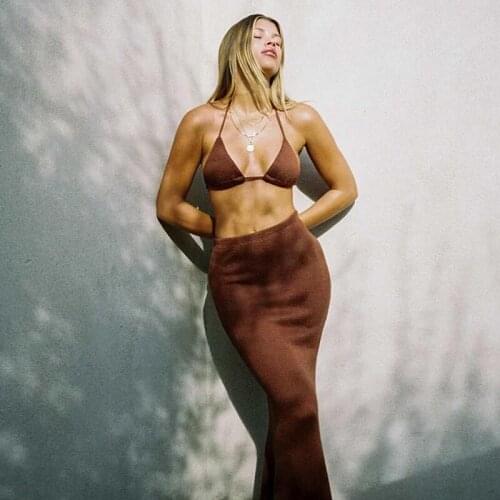 Women Fashion Two Piece Set Solid Color Halter Bralette Crop Cami Top and High Waist Slim Fit Long Skirt Summer Beach Outfits