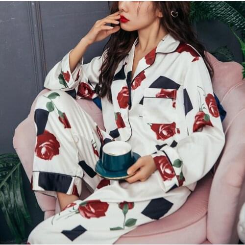 Print Women Pajamas Suit Long Sleeve Sleepwear Home Clothing Intimate Lingerie Satin Casual 2PCS Sleep Set Homewear Pyjamas