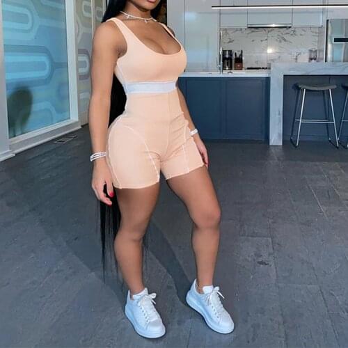 Women Casual Close-Fitting Playsuit Black/ Pink/ Florescent Green Sleeveless U-Shaped Collar Sexy One-Piece Unique Style