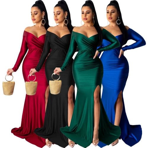Women Evening Party Long Dress V Neck High Split Long Sleeve Dresses Luxury 2021 Women Clothes Satin Bodycon Runway Floor Dress