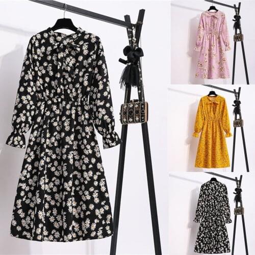 40# Korean Style Women Floral Dresses Chiffon Long Sleeve Printing Casual Party Vintage Bohemian Maxi Dress Sweet Dresses Robe