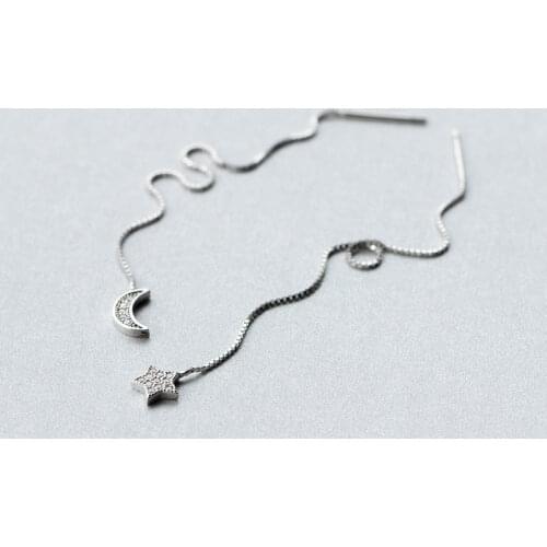 New wholesale real. 925-STERLING-SILVER Crescent &Moon Star threader Earrings Dangle Pull Thought chain GTLE913