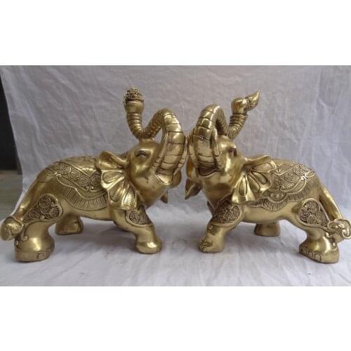 Bi001990 13" Chinese Brass Wealth Coin RuYi Flower Elephant Heffalump Brass Statue Pair