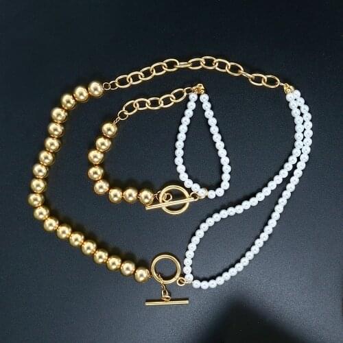 ZMFashion 2 Layers Pearls OT Buckle Bracelet And Necklaces Jewelry Set For Women Men Trendy Stainless Steel Beads Choker Chains