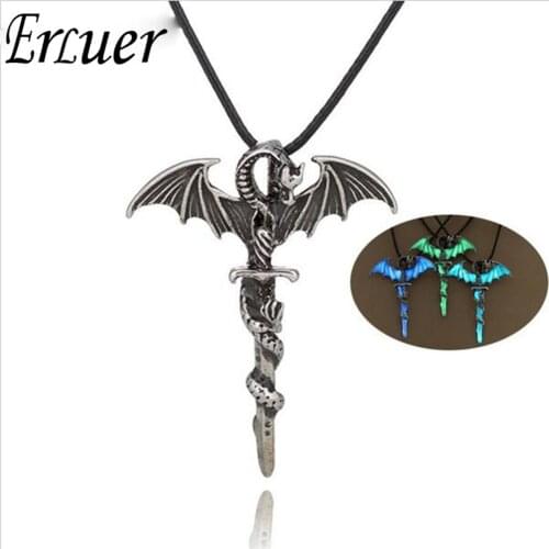 ERLUER Glow in the Dark Pendants Necklaces Gothic Style Dragon Cross Punk Luminous Dragon Gift jewelry Necklace For Women Men