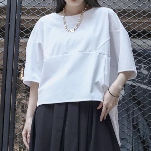 Japanese literature short sleeve irregular T-shirt womens summer neutral fashion solid color loose casual round neck Korean lad
