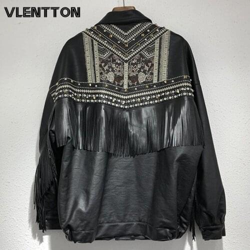 Spring Autumn Women Black PU Faux Leather Jackets Fashion Tassel Rivet Embroidery Biker Coats Female Casual Loose Outwear Tops