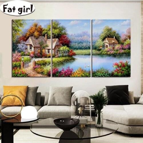 Full Square Idyllic Scenery Artwork Diamond Painting Diy Round Drill Embroidery Flower, Lake And House Mosaic Triptych Wall Art