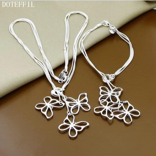 DOTEFFIL 925 Sterling Silver Snake Chain Butterfly Pendant Necklace Bracelet Set For Woman Wedding Engagement Charm Jewelry