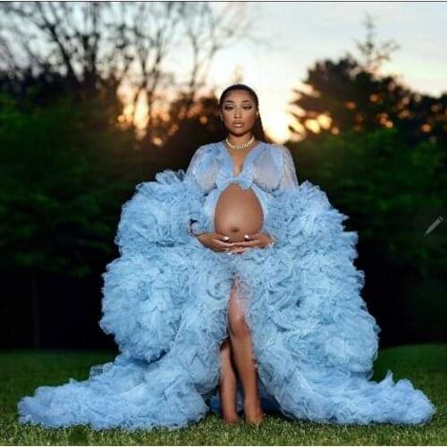 Sky Blue Puffy Tulle Maternity Women Dresses 2020 Ruffles Lush A-Ling Jacket Formal Dress Robe Nightgown