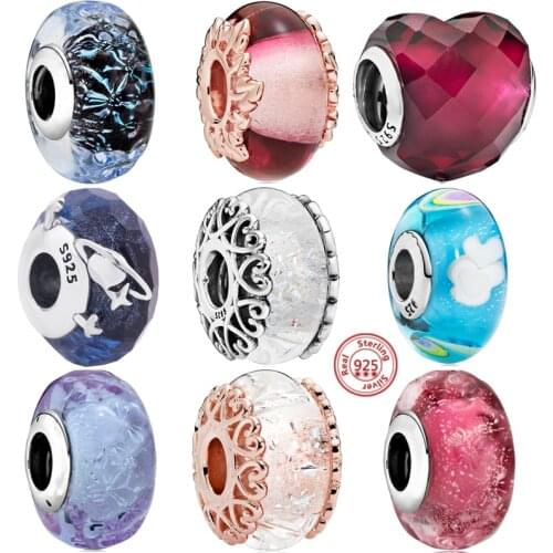 2021 New Original 100% 925 Sterling Silver Glass Bead Wood Stone Murano Flower Charms Fit Pandora Bracelet DIY Women Jewelry