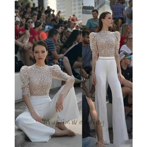 See Through Jumpsuit Prom Dresses With Beaded Half Sleeves Celebrity Formal Evening Dress 2020 Elegant Outfit Women Party Gowns