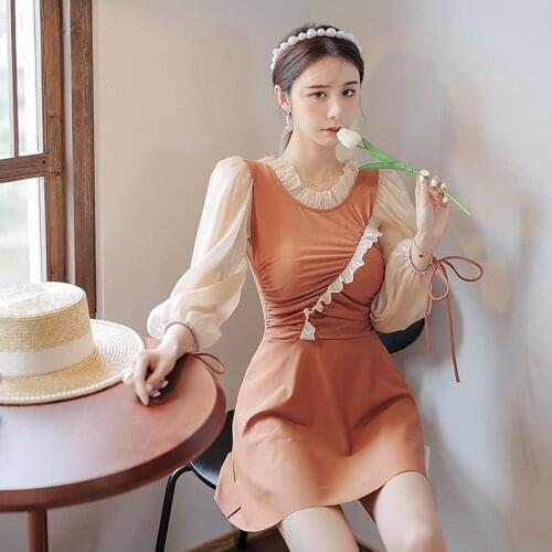 Plus Size Long Puff Sleeve Swimsuit Women One Piece Solid Swimwear Ruffled Korean Style Bathing Suit L-4XL Skirts Pad Wireless