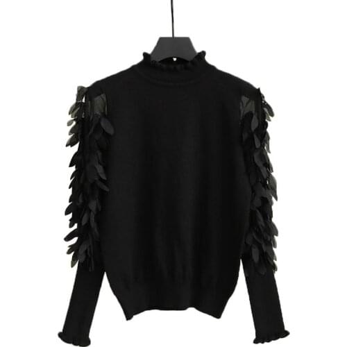 Plus size Sweater apparel Women Solid Color Ruffled Mock Neck Long Petal Puff Sleeve Knit Pullover Sweater