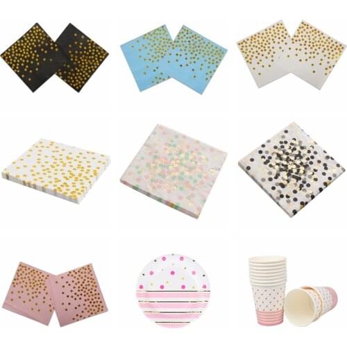 20pc/lot Gold Colorful Party Supplies Paper Napkins 10pc Plate Cup Cartoon Birthday Ramadan Decoration For Kids Girl Baby Shower
