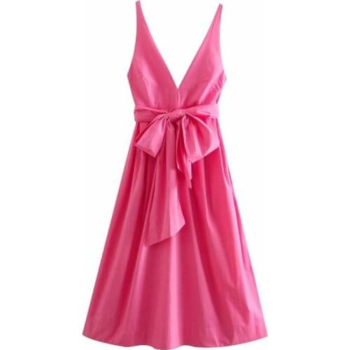 Sexy Backless Red Dresses for Women Party Elegant Bow Tie Sleeveless V Neck Bodycon Dress 2021 A Line Casual Summer Dress Female