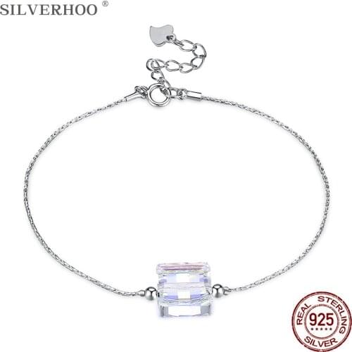 SILVERHOO 925 Sterling Silver Bracelet Bangle For Women Inlaid Square Austria Crystal Thin Bracelets Fine Jewelry Hot Sale Gift