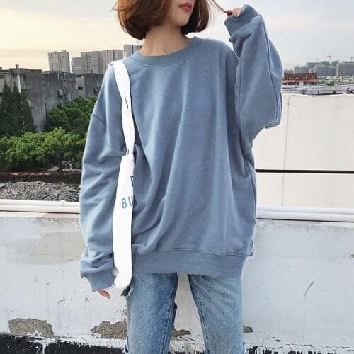 Hoodies Women Oversized Sweatshirts Solid Cotton Pullover Ladies Loose Autumn Thin Top Harajuku Crew Neck All Match Streetwear