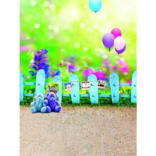 TR Blue Fence Teddy Bears Balloons Backgrounds for Photo Studio Props 5X7ft Vinyl Bokeh Grass Wedding Children Photo Backdrops