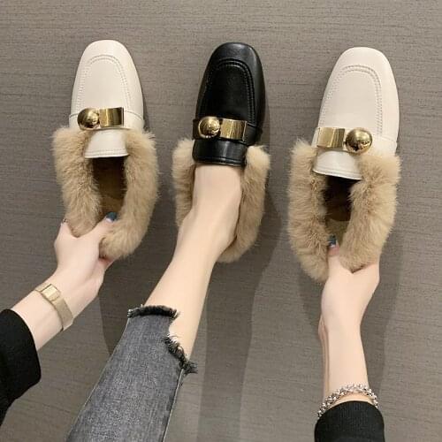 Winter Shoes Woman Flats New Warm Plush Women Shoes Loafers Round Toe Slip on Metal Buckle Comfortable Ladies Shoes Plus Size