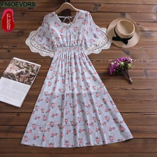 Women Casual Lady Chic Cute Korean Style Vintage Floral Printed Chiffon Party Date Bow Midi Summer Dress Vestido