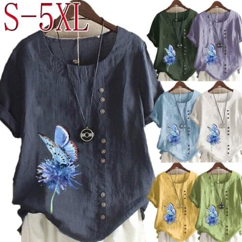 Womens Casual Butterfly Flower Printed Linen Tops Round Neck Short Sleeved Plus Size Button T-Shirt Loose Graphic Blouse