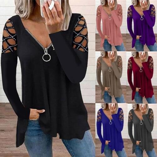 2021 Spring Autumn T-Shirt Women Solid Color Zipper V Neck Long Sleeve Fashion Casual Loose Hollow Out Shirt Tops