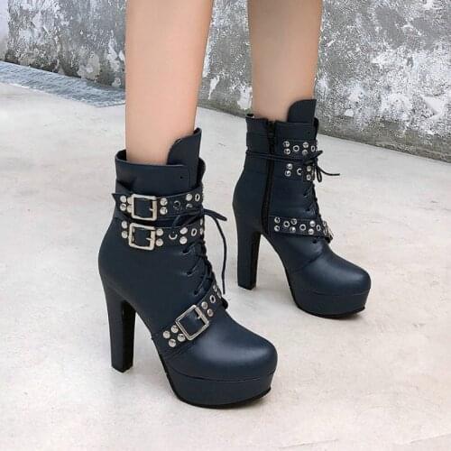 ZawsThia 2021 Goth Punk Buckle Strap Design Yellow Navy Platform High Heels Woman Winter Warm Shoes Ankle Boots Big Size 49 50