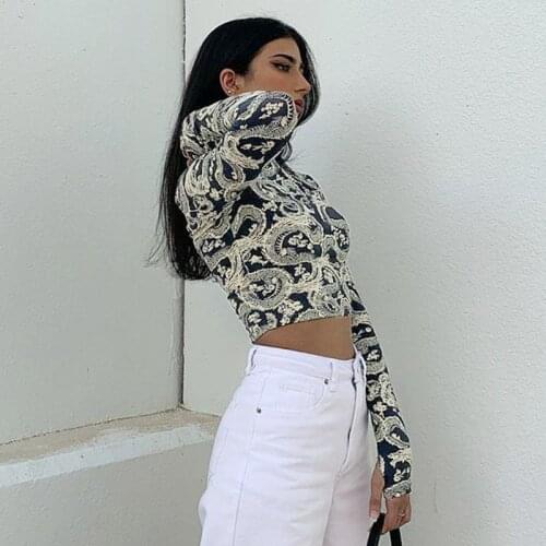 Womens Dragon Printed Crop Tops, Long Sleeve High Collar Short Slim T-shirt for Spring and Autumn