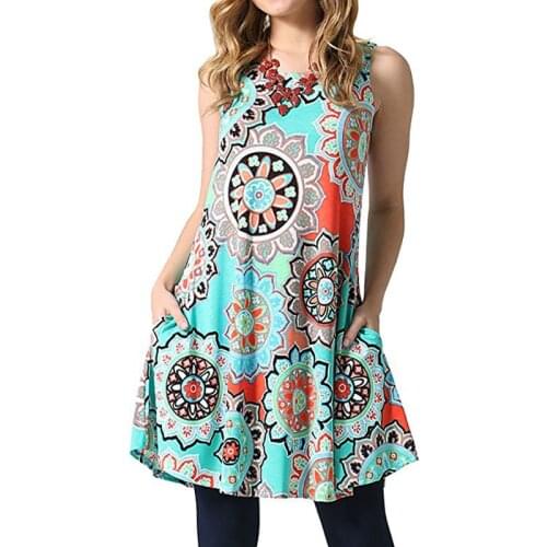 Summer Dresses Women O Neck Print Pocket Off The Shoulder Sleeveless Dress House Of Sunny Loose Elegant Fashion Dress Wholesale