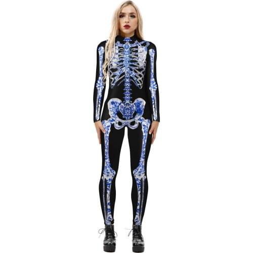 Fashion Skeleton Cosplay Costume Women Long Sleeve Printing Bodysuits Halloween Carnival Jumpsuits Lady Elastic Zentai Outfits