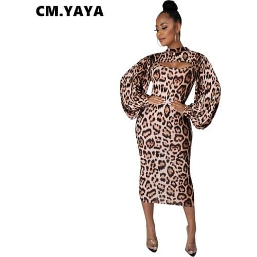 CM.YAYA Women Set Leopard Full Puff Sleeve O-neck Super Short Tops Midi Dresses Two 2 Piece Sets Sexy Fashion Outfit Summer 2021