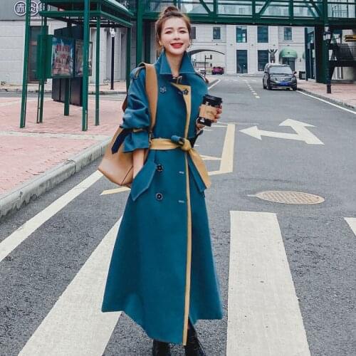 2021 Winter Casual Dark Green Trench Coat for Women Long Sleeve Loose Double Breasted Trench Long Windbreaker