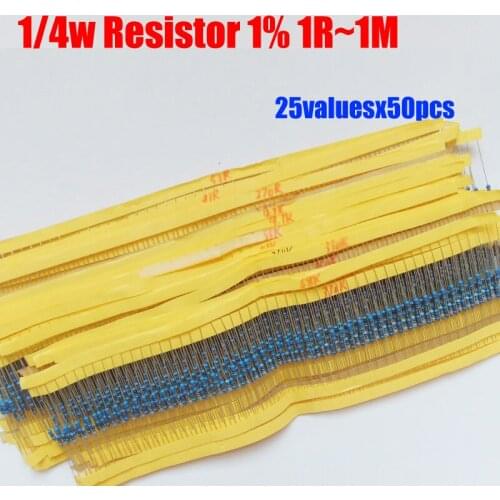 1/4W 0.25W 25valuesX50pcs=1250pcs 1R~1M Metal Film 1% Resistor Assorted Kit Resistor Pack for DIY