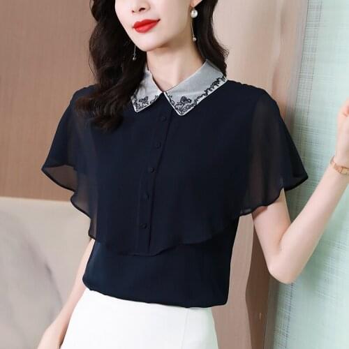 2021 Summer Women Real Silk Shirt Elegant Embroidery Turn-down Collar Short Butterfly Sleeve Office Lady Solid Blouse Tops