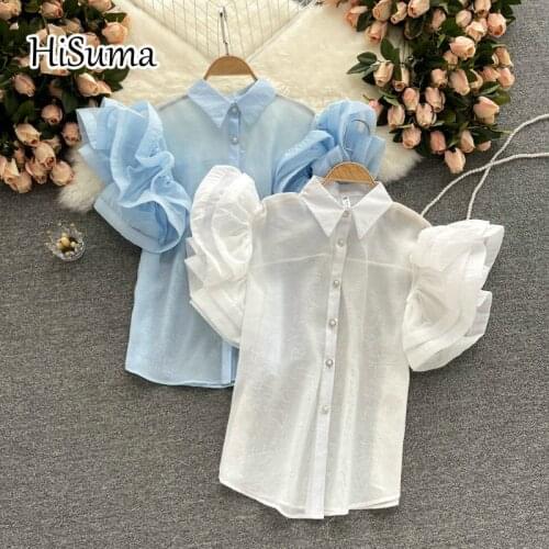 2021 summer new female stand collar flying sleeve chiffon shirts women elegant pure white waist blouses chic polo shirt