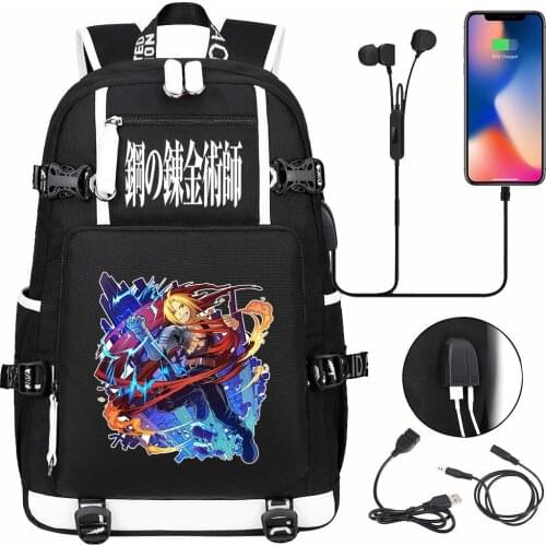 Anime Fullmetal Alchemist USB Backpack Student Schoolbag Boys Girls Travel Shoulder Bags Black Laptop Bags Gift