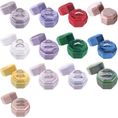 Velvet Double Ring Box Octagon Wedding Ceremony Ring Box with Detachable Lid A2UA