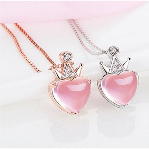 Quality Rose Gold Chain Necklace For Women Crystal Heart Crown Pendant Accessories Trendy Silver Plated Necklace Female Bijou