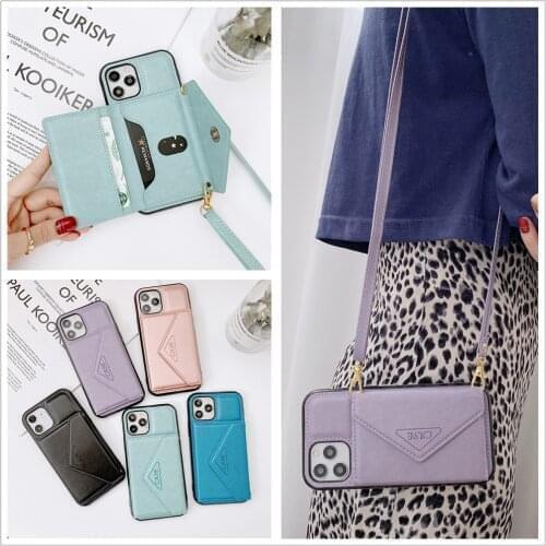 Crossbody clamshell leather card phone case with long strap For Galaxy Note S10 S20 S21 plus ultra FE A22/82 A52/A32/72 5G cover