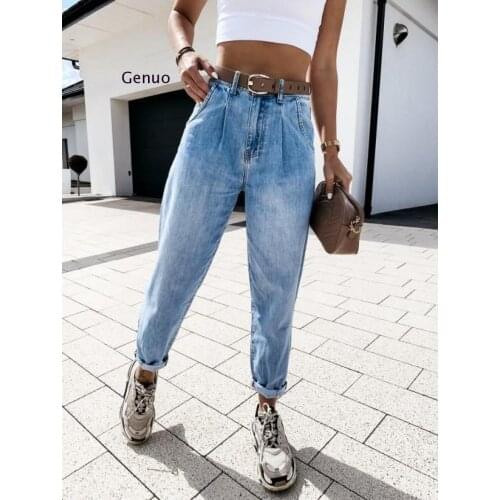 Denim Pants Women High Waist Washed Jeans Pocket Bleached Summer Casual Trousers 2020 Baggy Work Jeans Women Vintage