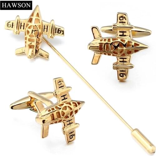 Elegant Golden Airplane Cufflinks Mens Shirt Accessory Cooper Base Aircraft Pins and Brooches with Box