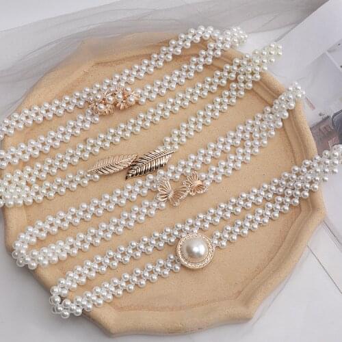 Elegant Pearls Belts for Women Alloy Crystal Buckle Chain Belt Female Elastic Waist Belt Ladies Dress Strap Waistband